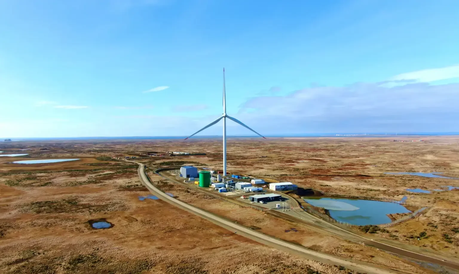 Aerial view of the Haru Oni e-fuel facility near the Strait of Magellan in southern Chile